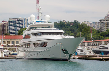 beautiful white yacht stands in the port of Russia. Sochi port Grand Maria 05. June 2019