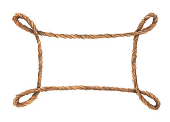 Watercolor painting of Brown rope frame with knots. Isolated on white background. Nautical style.