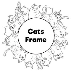 Frame with funny cats in coloring page style