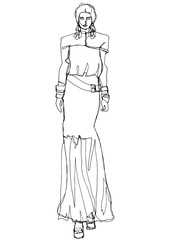 Fototapeta premium Fashion women sketch. Fashion illustration for magazine. Fashion silhouette of model in line sketching. Hand drawn young lady model. Woman silhouette in black ink lines illustration black white 