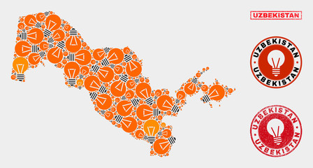 Illumination lamp mosaic Uzbekistan map and rubber round stamp seals. Mosaic vector Uzbekistan map is designed with imagination lamp elements. Templates for patent services.