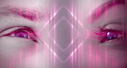 Eyes of a man and a female on a bright abstract background with holograms