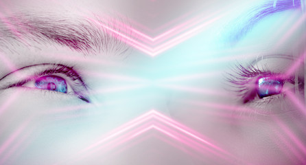 Eyes of a man and a female on a bright abstract background with holograms