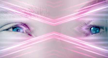 Eyes of a man and a female on a bright abstract background with holograms