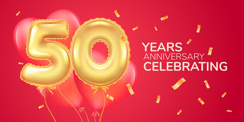 50 years anniversary vector logo, icon. Template banner with heart air hot balloon
