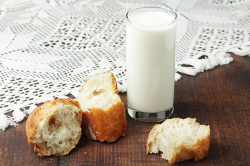 A glass of milk and wheat bread as countryside breakfast
