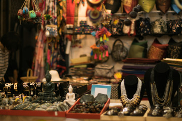 Old Mercury shop And fetish Various colored stones that are old . Placed inside the Chatuchak weekend market. Bangkok, Thailand.