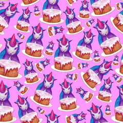 Seamless pattern unicorn sits at the table on which the cake on his birthday. Drawn by hand. Watercolor illustration with colored pencils isolated on a pink  background. 