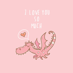 Vector card by Valentine's Day with cartoon  dragon in love.
