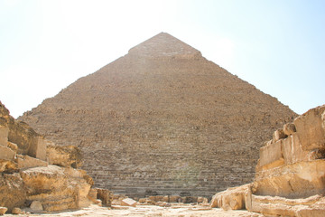 Great pyramid of Pharaoh Khafre, and the ruins of the architectural complex of Giza, Cairo surroundings