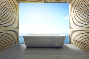 3D Rendering : illustration of white ceramic modern bathtub at outdoor and take a view. sea view panorama. towel at bathtub. modern spa chill out resort. high view luxury bathtub interior design
