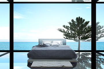 3D Rendering : illustration of soft big bed in bed room. condo or hotel. light and clean modern loft style. shiny glass room. comfort relaxing. black steel structure. rest area of family concept.