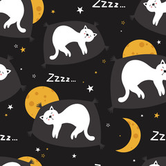 Sleeping cats, hand drawn backdrop. Colorful seamless pattern with animals, moons, stars. Decorative cute wallpaper, good for printing. Overlapping background vector. Design illustration