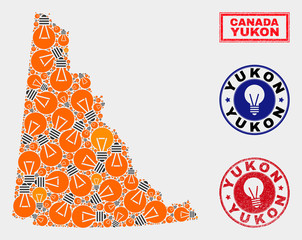 Energy bulb mosaic Yukon Province map and rubber rounded watermarks. Mosaic vector Yukon Province map is created with imagination bulb elements. Abstract images for electric services.