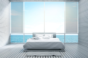 3D Rendering : illustration of sea view bedroom interior. soft bed with relaxing view from hotel or resort. morning wake up concept. wooden tile interior design. sunlight shining from outside.
