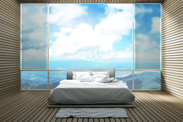 3D Rendering : illustration of mountain view bedroom interior. soft bed with relaxing view from hotel or resort. morning wake up concept. wooden tile interior design. sunlight shining from outside.