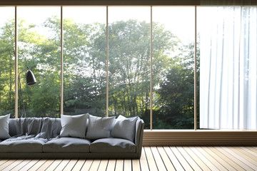 3D Rendering : illustration of Modern living room with nature view. soft sofa decorate room with wooden cozy style interior. large window looking to nature and forest with sunlight. white curtain.