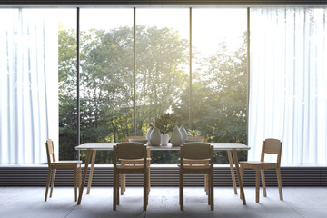 3D Rendering : illustration of Modern dining room with nature view. decorate room with wooden cozy style interior. large window looking to nature and forest with sunlight. white curtain.