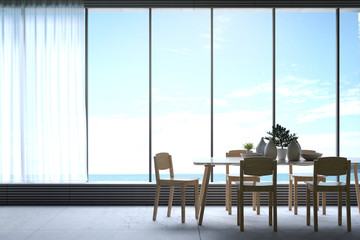 3D Rendering : illustration of Modern dining room with sea view. decorate room with wooden cozy style interior. large window looking to nature and blue sea with sunlight. white curtain.