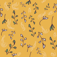 Bright Print with yellow hand drawing Background . Seamless Pattern with doodle Flowers and Leaves .Texture for Wallpapers, Web Page , Surface Textures , Wrap Paper ,Textiles, Cover, Magazine