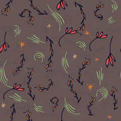 Bright Print with brown hand drawing Background . Seamless Pattern with doodle Flowers and Leaves .Texture for Wallpapers, Web Page , Surface Textures , Wrap Paper ,Textiles, Cover, Magazine .