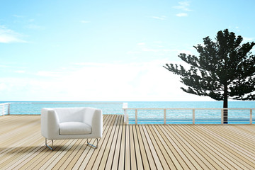 3D Rendering : illustration of resting area of balcony with couch armchair sofa outdoor. high view. sun deck of resort. sea view and blue sky. chill out summer season concept.