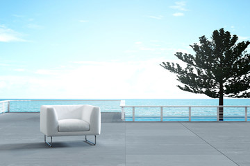 3D Rendering : illustration of resting area of balcony with couch armchair sofa outdoor. high view. sun deck of resort. sea view and blue sky. chill out summer season concept.