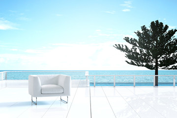 3D Rendering : illustration of resting area of balcony with couch armchair sofa outdoor. high view. sun deck of resort. sea view and blue sky. chill out summer season concept.