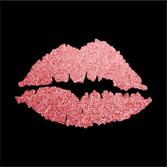 Rose gold luxury lips. Pink Lip icon with glitter shiny effect, lipstick kiss isolated on black background. Vector illustration.