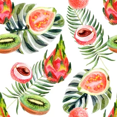 Wall murals Watercolor fruits Watercolor tropical seamless pattern with pitahaya on a white background