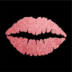 Rose gold luxury lips. Pink Lip icon with glitter shiny effect, lipstick kiss isolated on black background. Vector illustration.