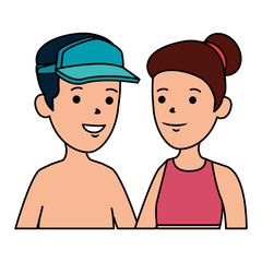 young boy shirtless with sport cap and cute woman