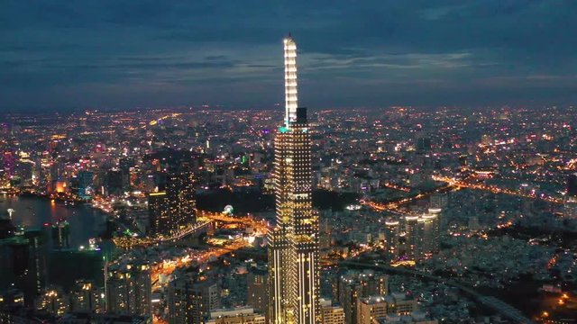 Aerial view of Downtown district of Ho Chi Minh City, aka Saigon, on sunset , including architectural landmark , South Vietnam