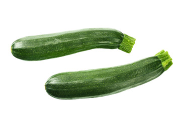 fresh green zucchini with slice isolated on white background. top view