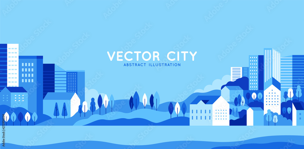 Poster vector illustration in simple minimal geometric flat style - city landscape with buildings, hills an