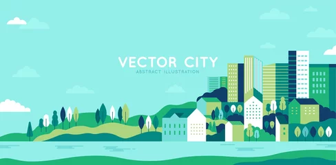 Foto op Plexiglas Vectorillustratie in eenvoudige minimale geometrische vlakke stijl - stadslandschap met gebouwen, heuvels en bomen - abstracte horizontale banner © venimo