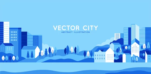 Tuinposter Vectorillustratie in eenvoudige minimale geometrische vlakke stijl - stadslandschap met gebouwen, heuvels en bomen - abstracte horizontale banner © venimo