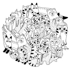 Circle coloring page with mothers and their babies animals