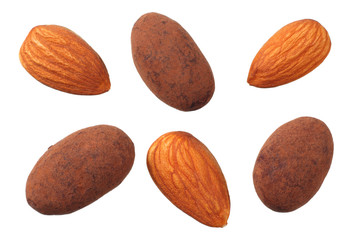 chocolate with almonds isolated on white background. top view