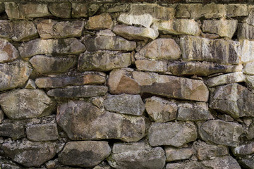 Fragment of old gray stone wall made of different form and siz