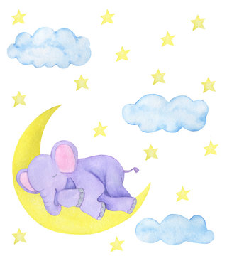 Childlike illustration watercolor elephant asleep stars moon postcard design scrapbooking stickers stickers congratulations invitations © Ирина Шишкова