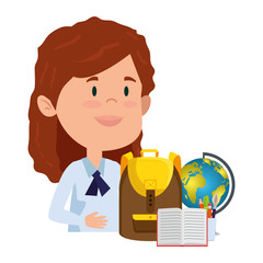 happy student girl with schoolbag and world map