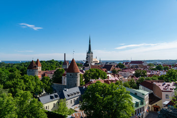 Aerial panoramic view of  Tallinn Old Town, Estonia in Jube 2019 from Trompea Hill