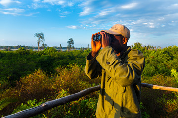 Ranger, Viewing tower, Kasanka Bat migration, Kasanka National Park, Serenje, Zambia, Africa