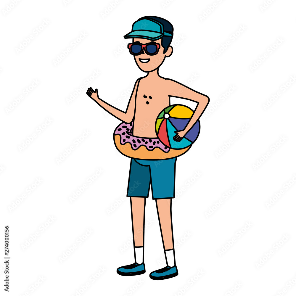 Poster young man with donut float and balloon beach