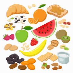 Collection of healthy snacks isolated on white background. Healthy foods Vector illustration in flat design.