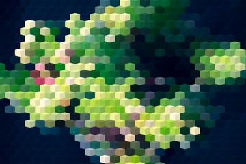 Abstract background with geometric design. Digital futuristic element. Technology. Macro flower cactus. Floral wallpaper. Colorful green blue pink red. Dark background. Color palette.