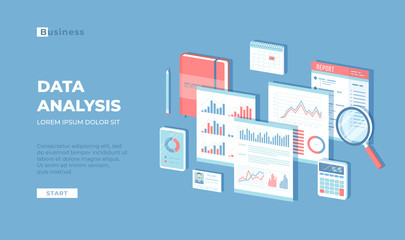 Data analysis concept, audit, SEO analytics, statistics, strategic, report, management. Charts, graphics on documents, magnifying glass, calendar, calculation. Isometric 3d vector 