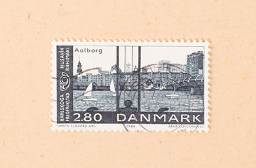 DENMARK - CIRCA 1980: A stamp printed in Denmark shows the city of Aalborg, circa 1980