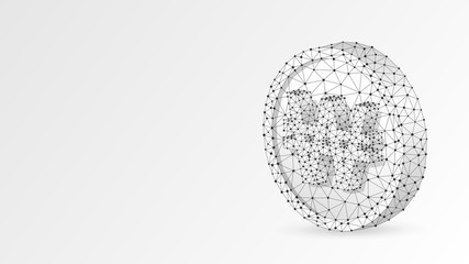 Golden Coin, South Korean Won currency. Polygonal business, money, currency, cash, circle concept. Abstract, digital, wireframe low poly mesh vector white origami 3d illustration. Triangle, line, dot